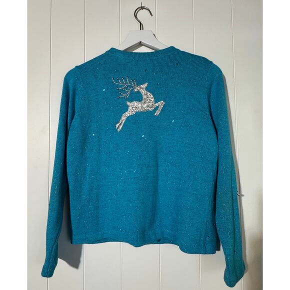 Susan Bristol Holiday Cardigan Vintage Reindeer Embellished Sweater Small - Picture 2 of 12